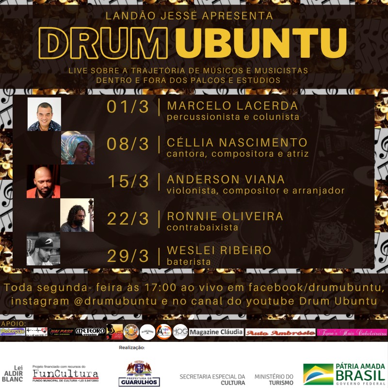 Cartaz de divulgação onde Drum Ubuntu apresenta músicos guarulhenses. 
