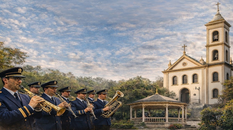 Representação da Banda Lira de Guarulhos em frente a igreja histórica simbolizando o patrimônio cultural e memória da cidade